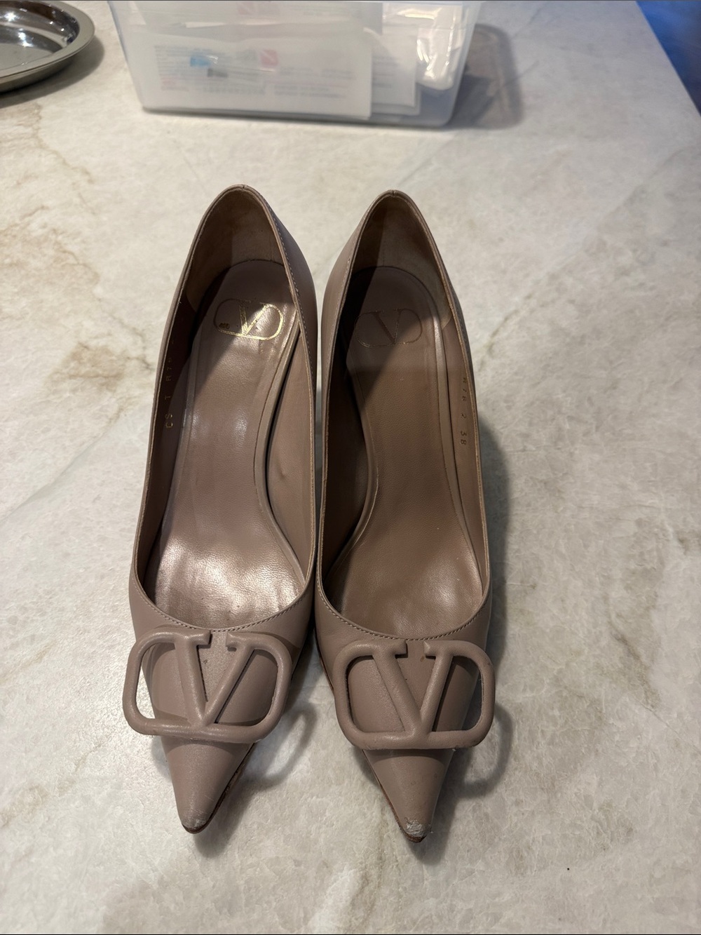 Valentino Garavani VLogo Pointed Toe Pumps in Taupe size 3.8